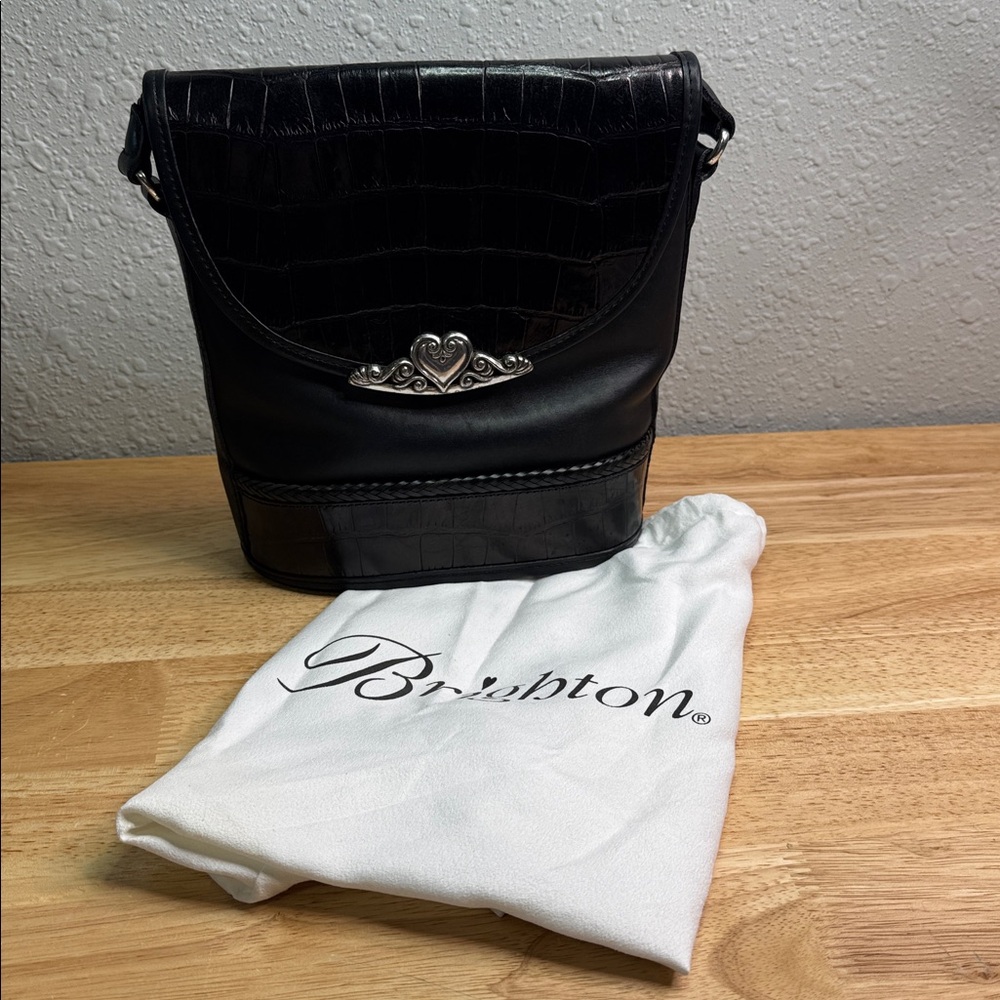 BRIGHTON Bucket Tote Shoulder Bag Purse Black Leather w/Embossed Crocodile 